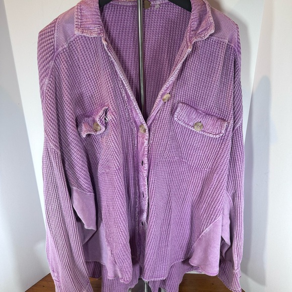 Free People One Scout Jacket, pink/purple waffle button up Size Large - Picture 2 of 7